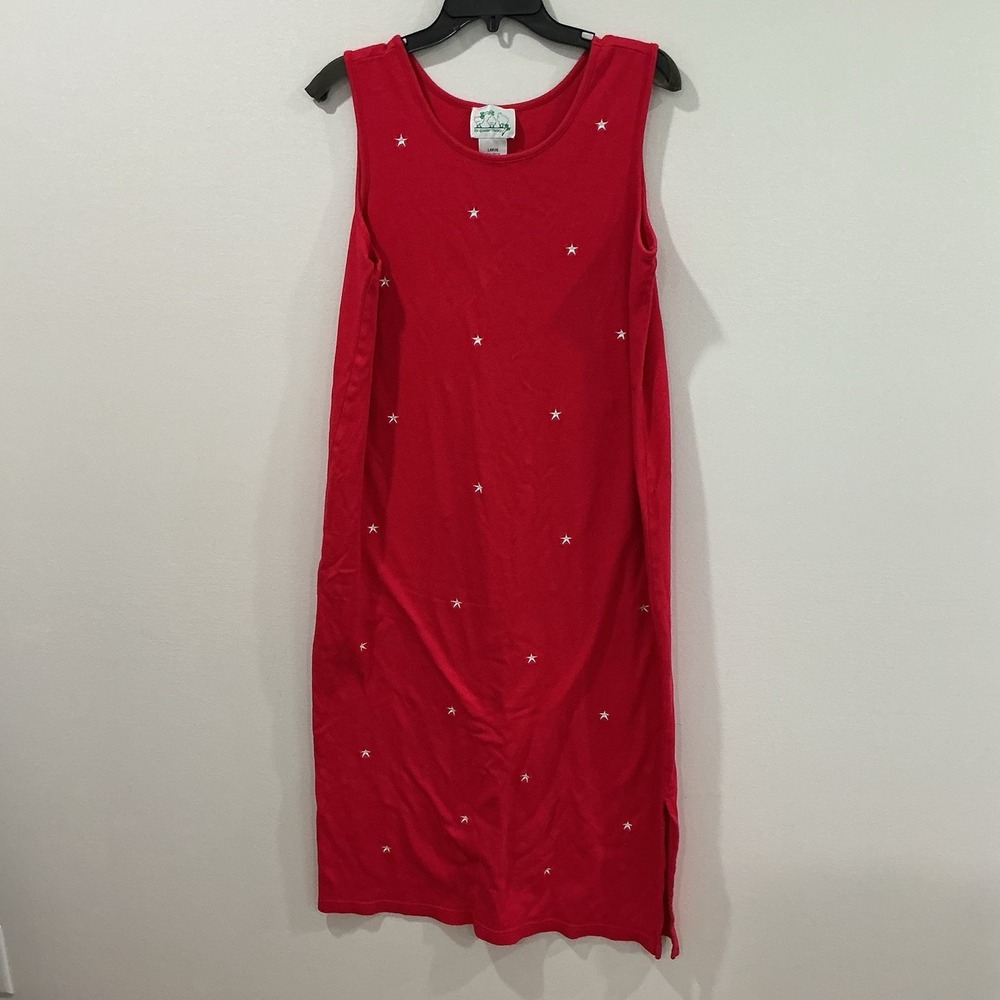 Quacker Factory Red Patriotic 100% Cotton Maxi Dress Embroidered Large Celestial